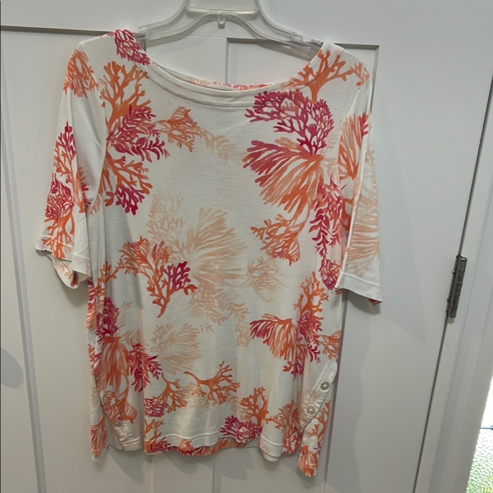 Chico's White Tee with Coral and Orange Floral Print